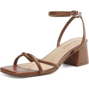 Women's Open Square Toe Chunky Block Sandals Chic Strappy Heels Brown Shoes